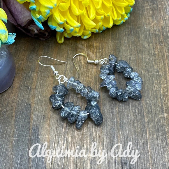 Rare gray Smokey Quartz silver hoops dangle extra long earrings - Picture 1 of 4